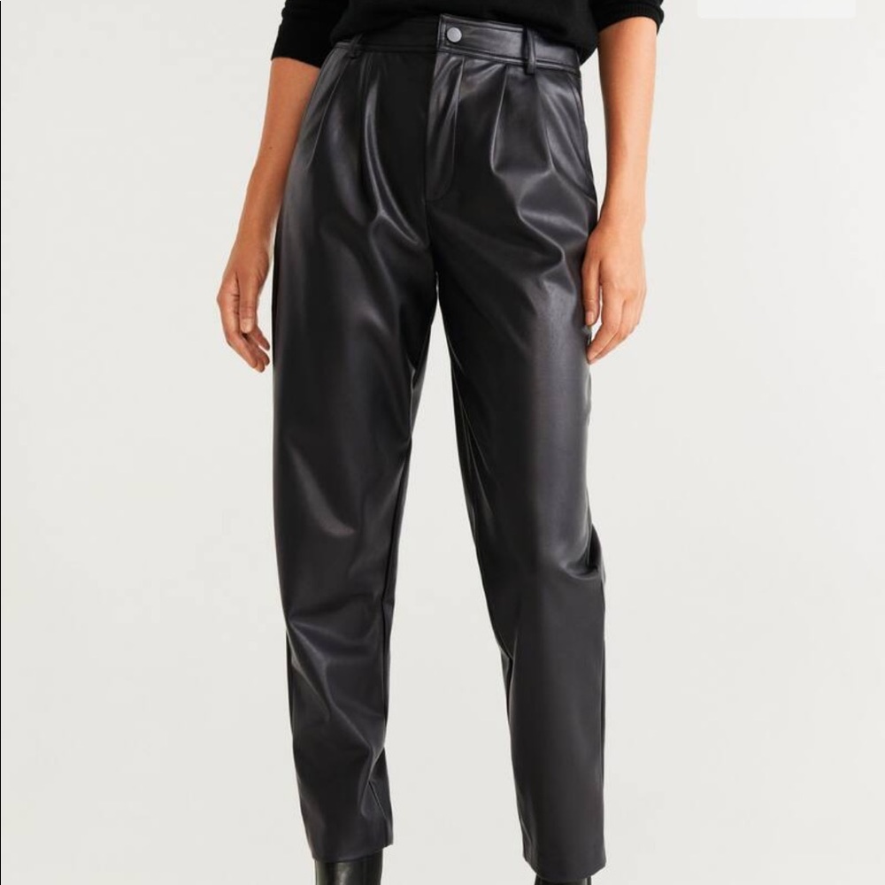 Mango Dart High Waist Faux Leather Pants 6 Black Gem